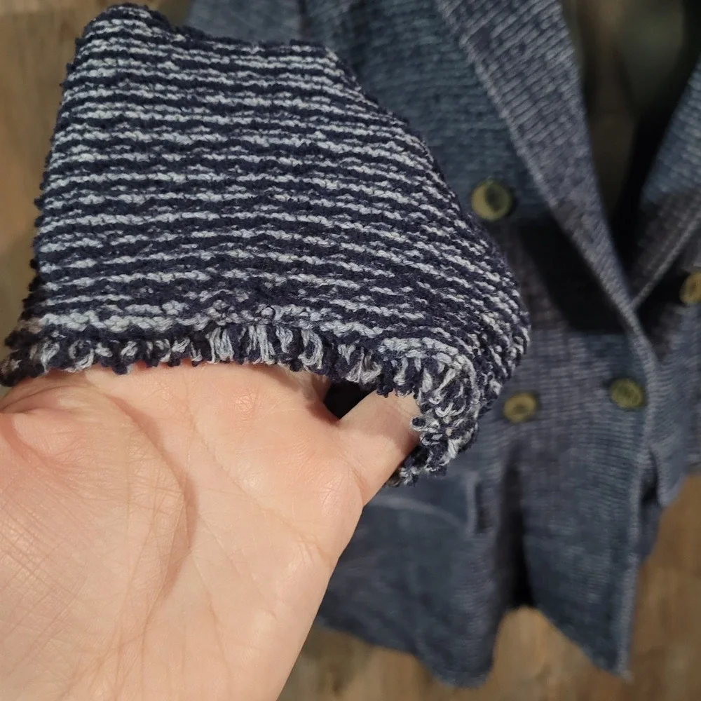 Chico's Double Breasted Jacket Size 3/XL Blue Faux-Tweed Knit Frayed Edge Office